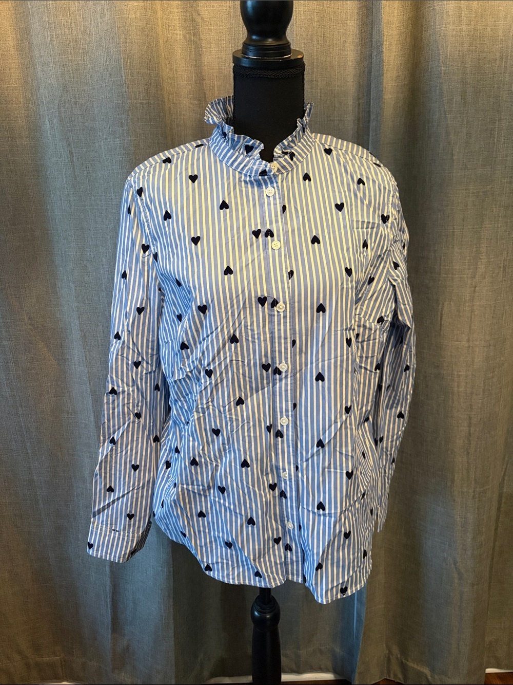 J. Crew Blue and White Striped Button-Down with Navy Heart Print
